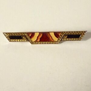 Vintage Art Deco Style Enamel Bar Brooch Gold Tone Burgundy Amber Geometric Pin